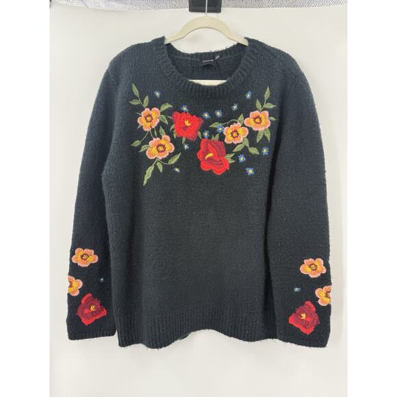 Women’s Navy Blue Cliche 5%‎ Wool Floral Embroidered Sweater Sz L Boho Spring - Picture 1 of 6